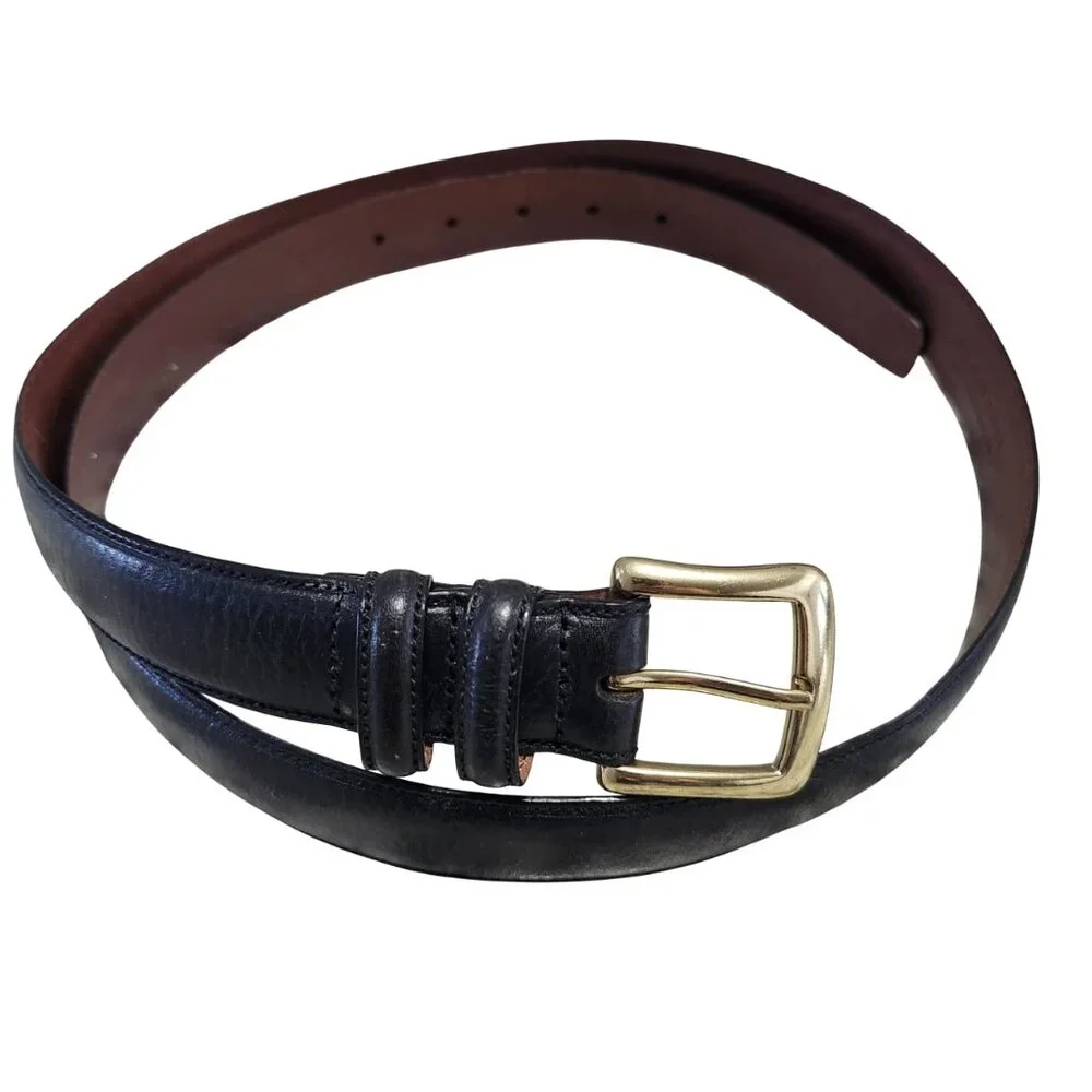 Roundtree and Yorke Leather Belt Mens Full Grain Cowhide Black Gold Tone Buckle